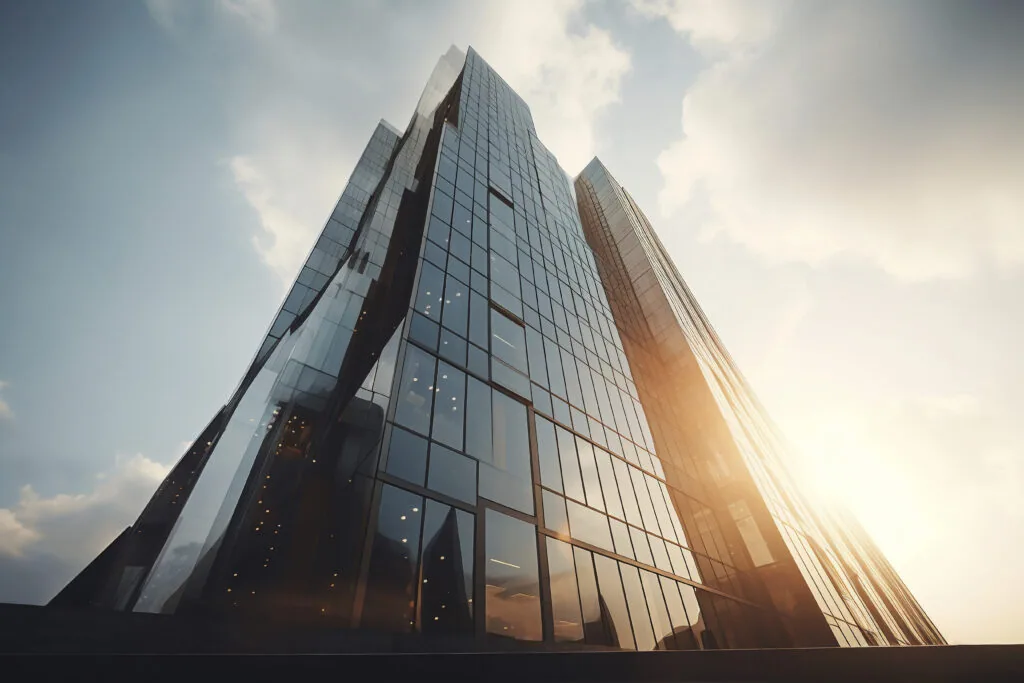 Edifício Iluminado no texto de Blog IA em Sistemas Complexos: Como a Inteligência Artificial Aumenta o ROI em Grandes Empresas