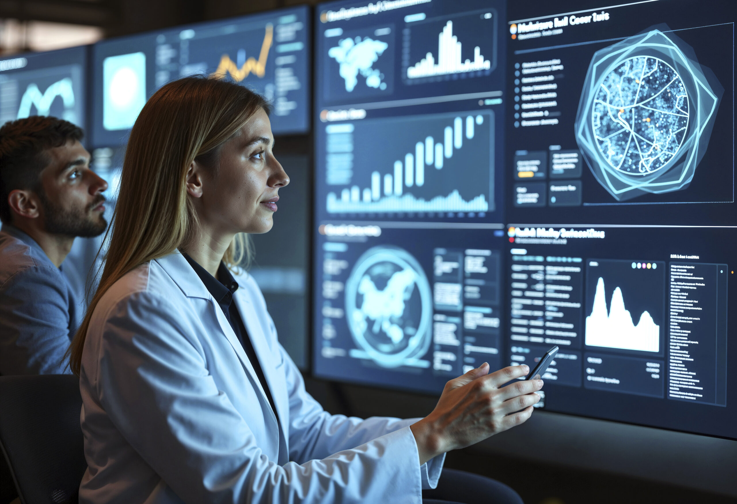 Time de tecnologia usando um jaleco enquanto analise diversas telas futuristas com informações sobre negócios e tecnologia.