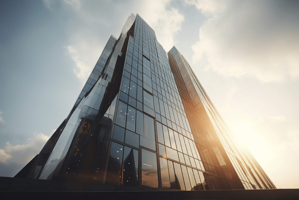 Edifício Iluminado no texto de Blog IA em Sistemas Complexos: Como a Inteligência Artificial Aumenta o ROI em Grandes Empresas