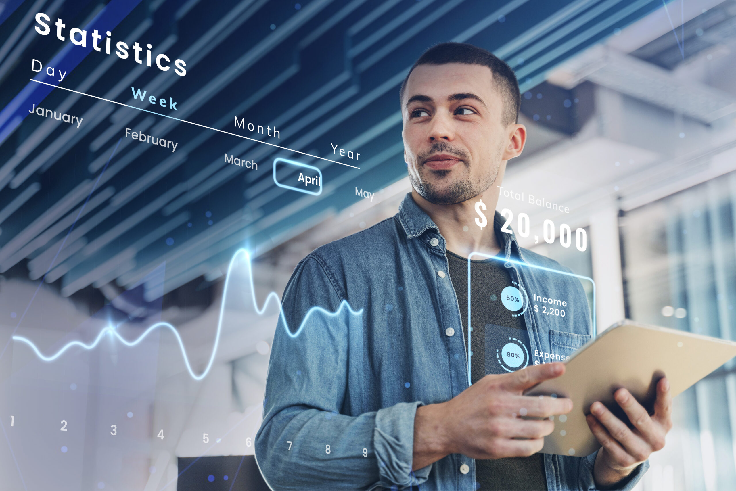Homem analisando estatísticas com tablet.